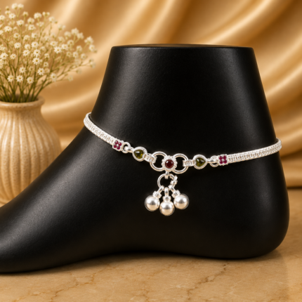Fine Silver Payal with Multicolor Stone Floral Design