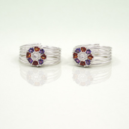 Floral Red Blue Stone Pure Silver Toe Ring