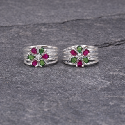 Floral Ruby Green Pure Silver Toe Ring