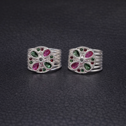 Floral Ruby Green Stone Pure Silver Toe Ring