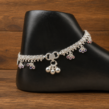 Pure Silver Payal with Color Stone Detailing & Ghungroo Drops