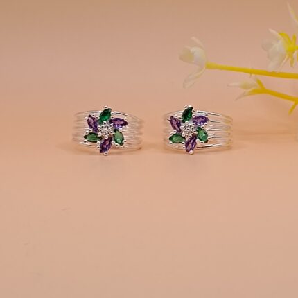 floral-green-purple-stone-pure-silver-toe-ring