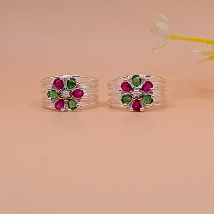 Floral Ruby Green Pure Silver Toe Ring