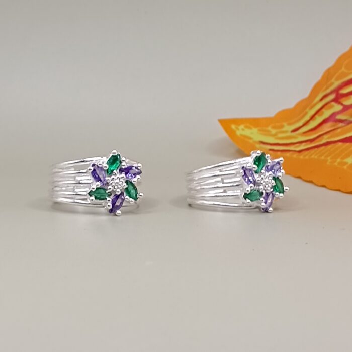 floral-green-purple-stone-pure-silver-toe-ring