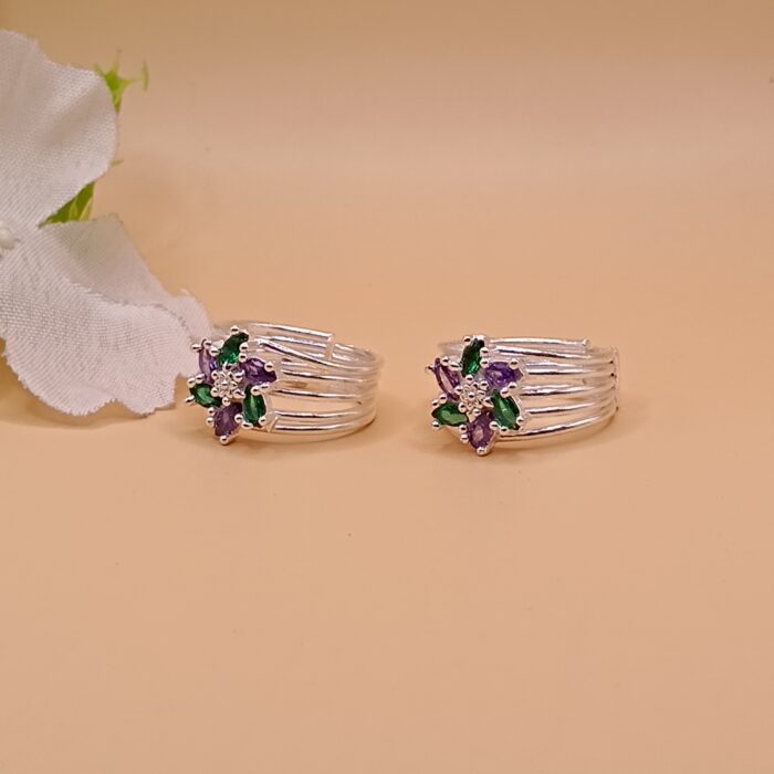 floral-green-purple-stone-pure-silver-toe-ring