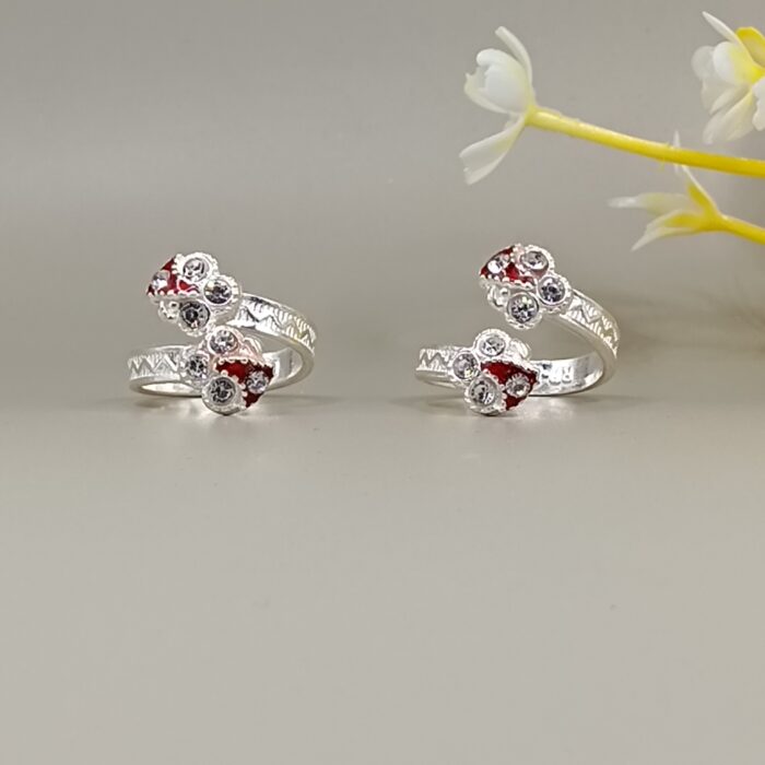 Pure Silver Toe Rings with Floral Stone Design