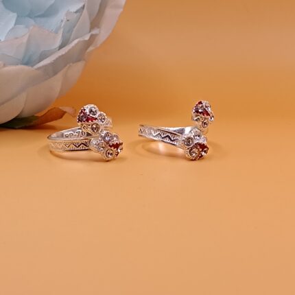 Pure Silver Toe Rings with Floral Stone Design