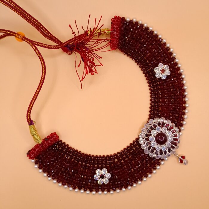 Elegant 925 Silver Chatai Necklace Set with Red Beads & Floral Design