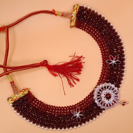 Royal 925 Silver Chatai Necklace Set with Red Beads & Stone Floral Design