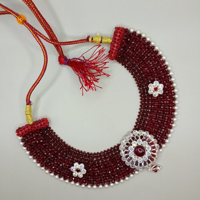 Elegant 925 Silver Chatai Necklace Set with Red Beads & Floral Design