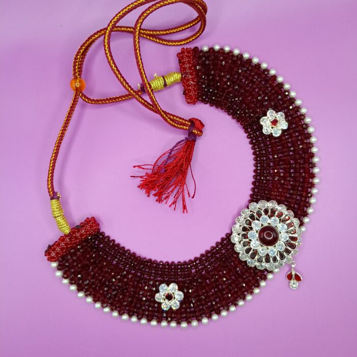 Elegant 925 Silver Chatai Necklace Set with Red Beads & Floral Design