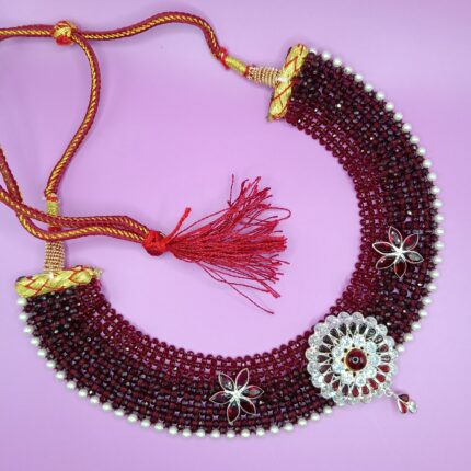 Royal 925 Silver Chatai Necklace Set with Red Beads & Stone Floral Design