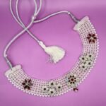 Royal 925 Silver Chatai Necklace Set with Red Beads & Stone Floral Design