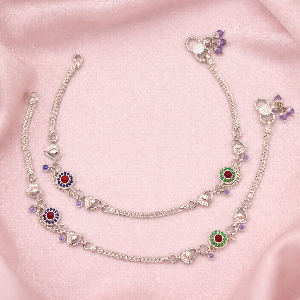 Silver anklets with vibrant gemstone charms Fine Silver Payal Pair with Traditional Craftsmanship