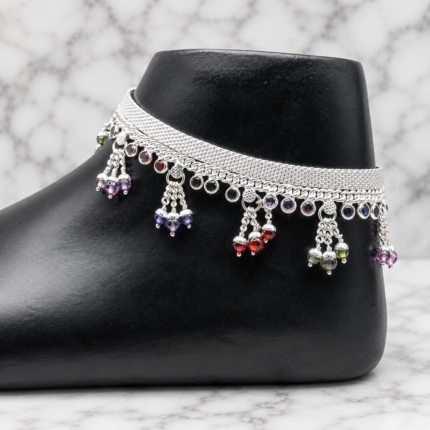 Pure Silver Payal with Multicolor Bead