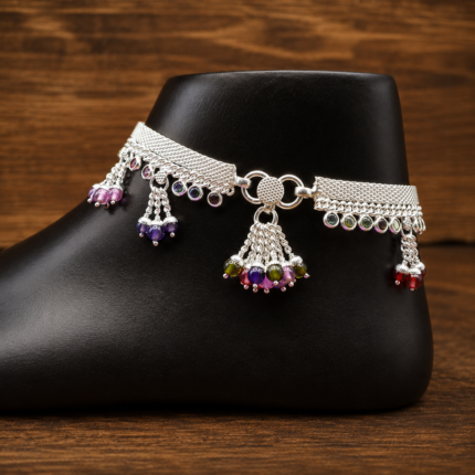 Pure Silver Payal with Multicolor Bead