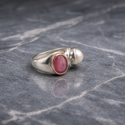925 Sterling Silver Dual Stone Ring – Red Gemstone & Pearl Design(On Order)