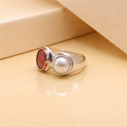 925 Sterling Silver Dual Stone Ring – Red Gemstone & Pearl Design(On Order)