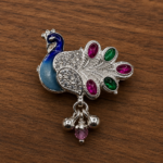 Pure Silver Peacock Saree Pin – Colorful Enamel & Stone Work