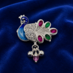 Pure Silver Peacock Saree Pin – Colorful Enamel & Stone Work
