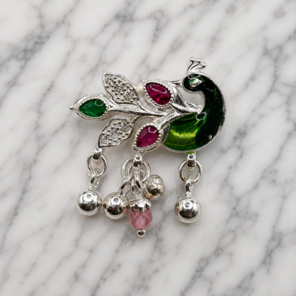 Pure Silver Saree Pin – Colorful Peacock Motif