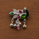 Pure Silver Saree Pin – Colorful Peacock Motif