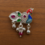 Pure Silver Saree Pin – Vibrant Colorful Peacock Design