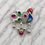 Pure Silver Saree Pin – Vibrant Colorful Peacock Design