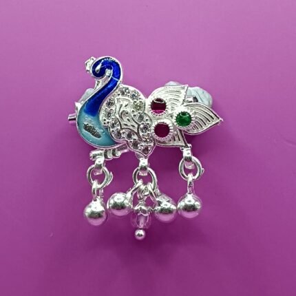 Fine Silver Peacock Saree Pin – Elegant Colorful Design