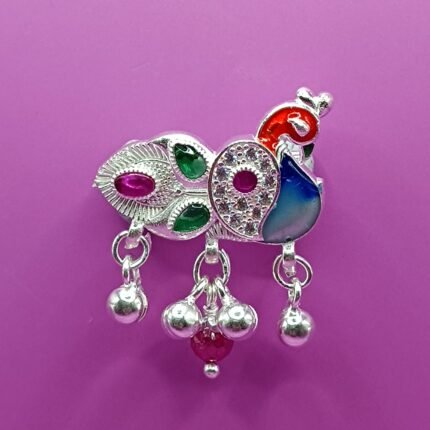Fine Silver Saree Pin – Vibrant Colorful Peacock Design