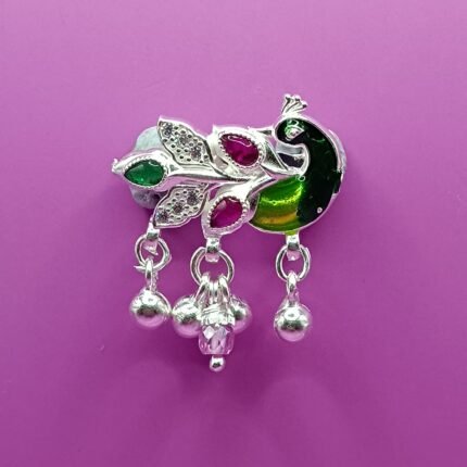 Fine Silver Saree Pin – Colorful Peacock Motif
