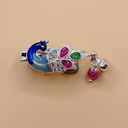 Fine Silver Peacock Saree Pin – Colorful Enamel & Stone Work