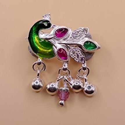 Fine Silver Peacock Saree Pin – Vibrant Enamel & Stone Detailing