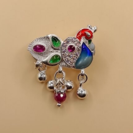 Fine Silver Saree Pin – Vibrant Colorful Peacock Design