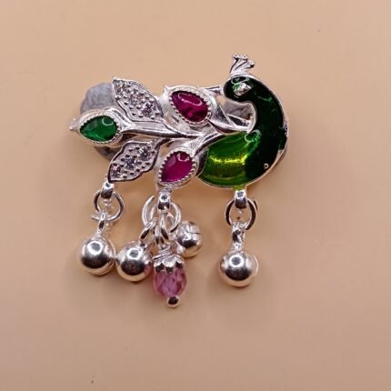 Fine Silver Saree Pin – Colorful Peacock Motif