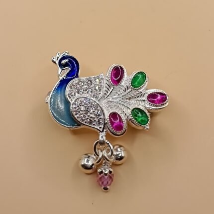 Fine Silver Peacock Saree Pin – Colorful Enamel & Stone Work