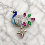 Pure Silver Peacock Saree Pin – Colorful Enamel & Stone Work