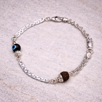 Pure Silver Men’s Bracelet with Evil Eye & Rudraksh