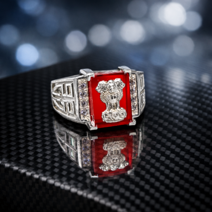 Pure Silver Men’s Ring with Ashoka Emblem & Red Stone