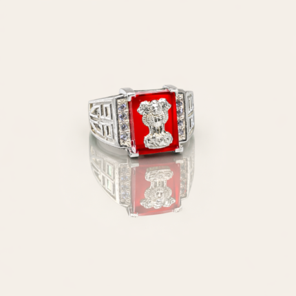 Pure Silver Men’s Ring with Ashoka Emblem & Red Stone