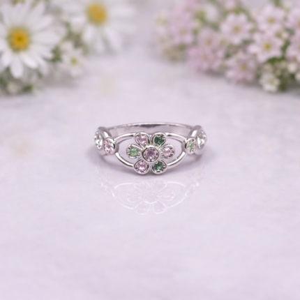 Floral Green & White Stone Pure Silver Ring