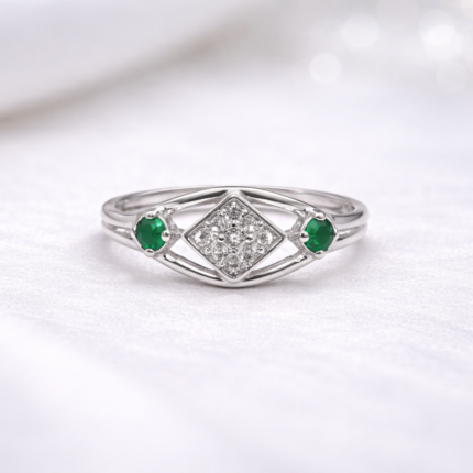 Pure Silver Ring with Green & White Stones