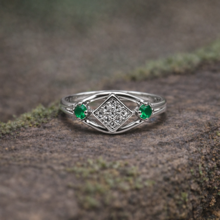 Pure Silver Ring with Green & White Stones
