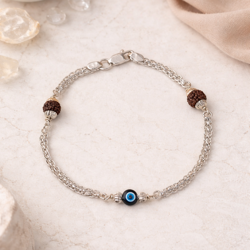 ChatGPT Image Jan 23, 2026, 11_31_00 AM Pure Silver Men’s Bracelet with Rudraksh & Evil Eye – Minimal Spiritual Design
