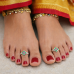 Pure Silver Dual-Tone Toe Ring with Green & Pink Stones