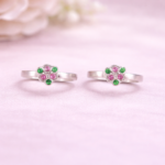 Pure Silver Floral Green & Pink Stone Toe Ring