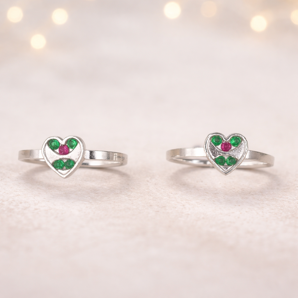 ChatGPT Image Mar 23, 2026, 11_08_43 AM Pure Silver Heart Design Toe Ring with Green & Pink Stones