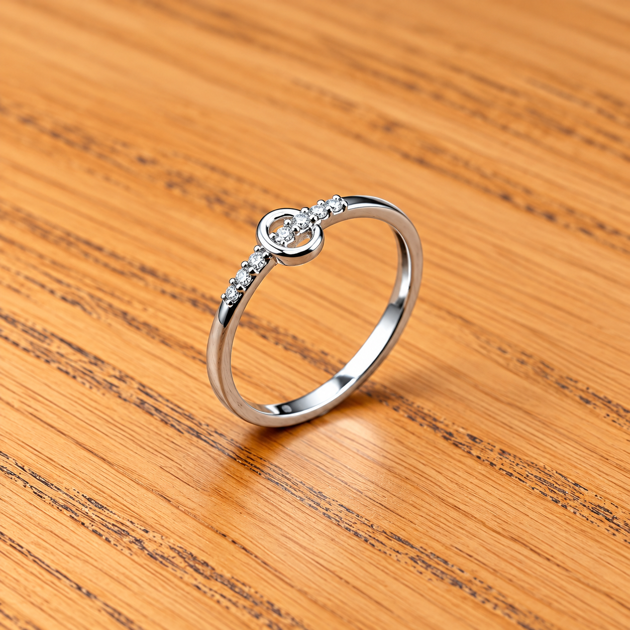 Diamond Loop Ring on Warm Wood Pure Silver Premium Style Ring