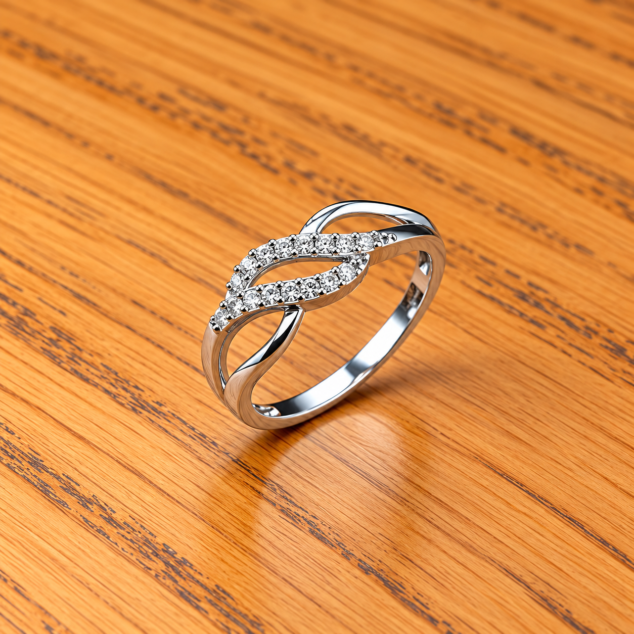 Diamond-Studded Interwoven Ring on Wood Pure Silver Power Statement Ring