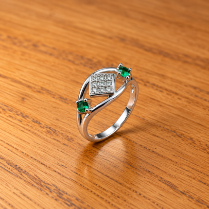 Pure Silver Ring with Green & White Stones